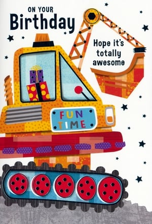 Make their special day truly memorable with this vibrant 'Open Birthday Male' card from Simon Elvin. Featuring a cheerful yellow excavator, complete with a bold red bucket and a 'FUN TIME' sign, it's sure to bring a smile to any construction enthusiast.
The card's message, 'Hope it's totally awesome,' perfectly complements the playful design, which even includes colourful gifts peeking from the cab. With its bright colours and engaging illustration, this card is ideal for celebrating birthdays for boys and men who love diggers and adventure. Supplied in a convenient pack of 6, these cards are perfect for your retail selection.