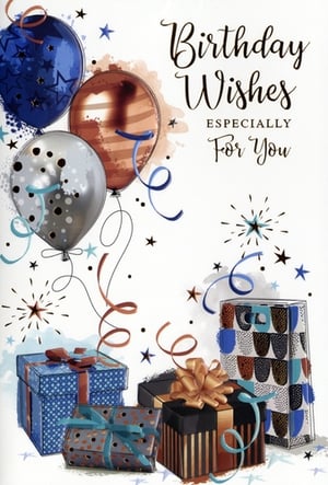 Make every birthday celebration extra special with our 'Open Birthday Male' card from Simon Elvin. This eye-catching design features a vibrant array of balloons in shades of blue, copper, and silver, alongside beautifully wrapped gifts. Confetti, stars, and swirling ribbons add a touch of festive cheer, all set against a clean white background.
The elegant script message, 'Birthday Wishes ESPECIALLY For You,' makes this card perfect for a wide range of male recipients. With its modern aesthetic and rich colour palette, it’s sure to stand out on any display. Stock up with our convenient pack of 6 and offer your customers a truly stylish option for their birthday greetings.