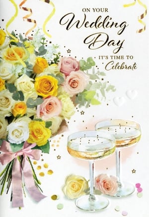 Celebrate their special day with our beautiful 'Wedding Day' card from Simon Elvin. This exquisite design captures the joy of the occasion with a stunning bouquet of yellow, white, and pink roses, elegantly tied with a soft pink ribbon.

Two sparkling champagne glasses, surrounded by delicate confetti and stars, add to the celebratory feel. The heartfelt message "ON YOUR Wedding Day IT'S TIME TO Celebrate" is perfect for any happy couple.

Offer your customers a truly special card for this momentous event. Available in a convenient 1x6 pack size, this card is a lovely addition to any greeting card selection.