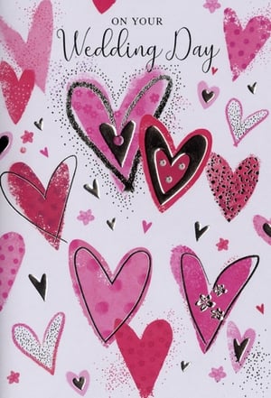 Celebrate the most special day with our beautiful 'Wedding Day' card, from trusted supplier Simon Elvin. This delightful design features a charming array of pink hearts in various styles and textures, creating a truly romantic and modern feel. Shimmering silver accents and delicate glitter details add a touch of sparkle, making each card feel extra special. The elegant 'On Your Wedding Day' script perfectly conveys heartfelt wishes.

Perfect for retailers, these cards come in a convenient pack of 6 (1x6), ready to adorn your shelves. Offer your customers a stylish and loving way to congratulate the happy couple on their big day.
