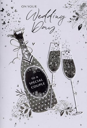 Celebrate the happy couple's special day with this exquisite 'Wedding Day' card from Simon Elvin. Designed with elegance in mind, this beautiful card features a sparkling champagne bottle and two clinking flutes, overflowing with celebratory bubbles. Delicate hearts, stars, and butterflies dance around the design, adding a touch of magic. The bottle's label proudly proclaims 'TO A SPECIAL COUPLE', making it the perfect sentiment for their big day. With intricate detailing and a sophisticated silver and white palette, this card is sure to stand out. Stock up on this popular design, available in a convenient pack of 6, and help your customers share their warmest wishes.