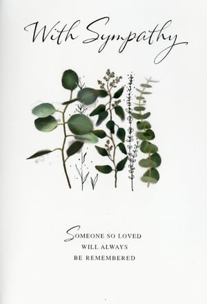 Offer your customers a heartfelt way to express their condolences with this beautiful 'Sympathy' card from Simon Elvin. Featuring a serene design of delicate green foliage and eucalyptus, it conveys a sense of peace and remembrance. The elegant script reads "With Sympathy" and "Someone so loved will always be remembered," providing a comforting message during difficult times. This thoughtful card is perfect for those seeking a gentle and respectful tribute. Each pack contains 6 cards, ready for your retail display.