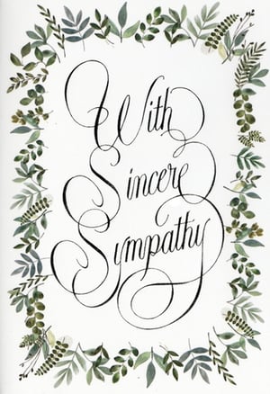 Offer a heartfelt message of comfort with our beautiful Sympathy cards from Simon Elvin. This exquisite design features the tender message 'With Sincere Sympathy' in elegant, flowing calligraphy, creating a truly personal touch. The delicate script is gracefully framed by a charming border of soft green leaves and botanical elements, rendered in a gentle watercolour style. This tasteful and serene design provides a thoughtful way to express condolences and support during difficult times. Perfect for retailers looking to provide high-quality, sensitive options for their customers. Each pack contains 6 individual cards, ensuring you're well-stocked to meet demand. A truly elegant choice for a difficult moment.