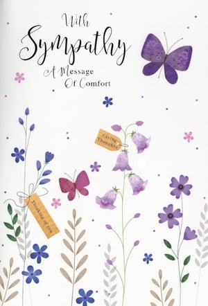 Offer a gentle message of support with our beautiful 'Sympathy' card, from trusted supplier Simon Elvin. This thoughtfully designed card features delicate watercolour-style butterflies and an array of soft floral illustrations in comforting shades of purple, blue, and pink. The elegant script reads 'With Sympathy A Message Of Comfort', complemented by sweet tags bearing 'Thinking of you' and 'Caring Thoughts'. It's the perfect way to convey heartfelt condolences and provide solace during difficult times. The serene imagery and gentle colours create a truly sensitive and appropriate tribute. Stock up your shelves with this essential card, available in a convenient pack of 6.