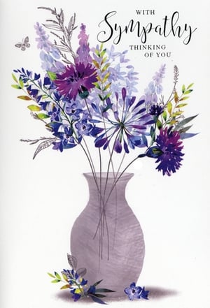 Offer a heartfelt message of comfort with our beautiful 'Sympathy' card, from trusted supplier Simon Elvin. This exquisite card features a delicate watercolour illustration of a vibrant bouquet of purple and blue flowers, artfully arranged in a soft lavender vase. A charming butterfly adds a touch of gentle beauty. The elegant script conveys the sincere message, 'WITH Sympathy, THINKING OF YOU', making it a thoughtful choice for those wishing to express their condolences. The serene design and calming colours provide a sensitive way to show support during difficult times. Available in a convenient pack size of 1x6, these cards are a perfect addition to your greeting card selection, ensuring your customers can always find the right words.