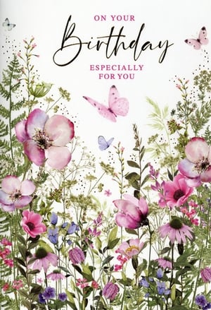 Celebrate her special day with this exquisite 'Open Birthday Female' card. Adorned with a delightful array of watercolour-style flowers in soft pinks, purples, and blues, alongside delicate butterflies, this design captures the beauty of a vibrant garden. The elegant script reads 'On Your Birthday Especially For You', making it a truly thoughtful choice for any female recipient. Its charming and natural aesthetic ensures it will bring a smile to her face. A perfect card to convey warm wishes and heartfelt sentiments.