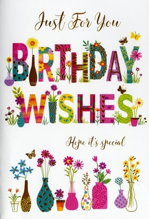 Celebrate her special day with this delightful 'Open Birthday Female' card from Simon Elvin. This vibrant design is sure to bring a smile, featuring the playful message 'BIRTHDAY WISHES' in colourful, patterned letters adorned with charming floral accents. Elegant script messages 'Just For You' and 'Hope it's special' add a personal touch. The card is beautifully illustrated with a cheerful array of flowers in stylish vases, making it perfect for any female recipient. A wonderful choice for sending warm birthday greetings. Available in a convenient pack of 6, ready for your customers.