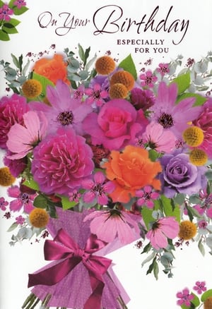 Brighten someone's special day with this exquisite 'Open Birthday Female' card from Simon Elvin. Featuring a stunning, vibrant bouquet bursting with beautiful pinks, purples, oranges, and yellows, it’s designed to bring joy to any recipient. The elegant floral arrangement, tied with a lovely ribbon, is perfectly complemented by the heartfelt message, 'On Your Birthday ESPECIALLY FOR YOU'. This versatile card is ideal for sending warm wishes to friends, family, or colleagues. Stock up your shelves with this popular design, available in a convenient pack of 6, ensuring you always have the perfect card for every customer.