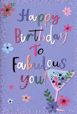 Celebrate in style with this delightful 'Happy Birthday To Fabulous You!' card from Simon Elvin. Designed for the modern woman, its vibrant purple background is adorned with a playful mix of colourful flowers and confetti dots, creating a truly cheerful aesthetic. A stylish martini glass, brimming with blossoms, adds a touch of sophisticated fun. This 'Open Birthday Female' card is perfect for customers looking for a contemporary and uplifting birthday greeting. Stock up with our convenient pack of 6, ensuring you have the perfect card for every fabulous female.