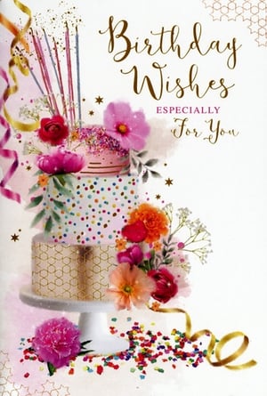Celebrate special moments with this delightful 'Open Birthday Female' card from Simon Elvin. This charming design features a beautifully illustrated multi-tiered cake, adorned with vibrant floral accents, shimmering sprinkles, and elegant candles. The heartfelt message 'Birthday Wishes Especially For You' makes it a perfect choice for any female recipient.
Finished with playful confetti and golden ribbons, this card truly captures the joy and excitement of a birthday celebration. Its elegant yet colourful aesthetic is sure to bring a smile. Available in a convenient wholesale pack of 6, it's an ideal addition to your greeting card collection.