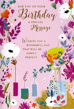 Celebrate her special day with this beautiful 'Open Birthday Female' card from Simon Elvin. Adorned with delicate watercolour florals in a charming palette of pinks, purples, and greens, this card offers a truly elegant way to send your warmest wishes. The lovely message inside wishes her 'a wonderful day that will be simply perfect'. Perfect for any female friend or family member, its artistic design and heartfelt sentiment make it a delightful choice. Each card is crafted with care to bring a smile to her face.