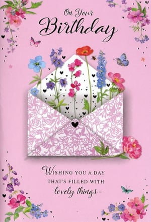 Celebrate her special day with this enchanting 'Open Birthday Female' card from Simon Elvin. This beautifully designed card features a delightful open envelope overflowing with a vibrant array of colourful flowers, accented with charming butterflies and delicate hearts. The elegant pink background and intricate floral patterns on the envelope add a touch of sophistication.
With the heartfelt message, "Wishing you a day that's filled with lovely things," it's the perfect way to send warm wishes. Each pack contains 6 cards, ensuring you're always ready to make her birthday extra special.
