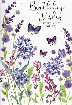 Brighten someone's special day with this exquisite Open Birthday Female card from Simon Elvin. This charming design features a beautiful watercolour illustration, brimming with vibrant purple and pink wildflowers like delicate lavender and cheerful alliums. Graceful butterflies flutter amongst the blooms, adding a touch of whimsy. The elegant 'Birthday Wishes ESPECIALLY FOR YOU' message is perfect for conveying heartfelt sentiments. With its fresh, natural aesthetic, this card is sure to appeal to a wide range of customers. Stock up with this convenient pack of 6, a lovely addition to any greeting card display.