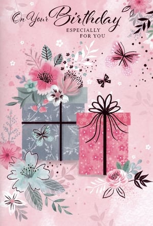 Celebrate her special day with this exquisite 'Open Birthday Female' card from Simon Elvin. Adorned with a beautiful array of soft pink and blue watercolour florals, delicate butterflies, and charming gift boxes, this design exudes elegance and warmth. The heartfelt message, 'On Your Birthday ESPECIALLY FOR YOU,' is presented in a graceful script, making it perfect for conveying your sincerest wishes. The gentle colour palette and artistic details create a truly lovely card that any recipient will cherish. Stock up on this popular design, available in a convenient pack of 6, ensuring you always have a thoughtful option for your customers.
