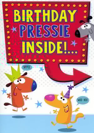 Bring a burst of fun to any birthday celebration with this delightful 'Open Humorous' card from Simon Elvin. Its vibrant design immediately catches the eye, featuring a bold, marquee-style sign proclaiming 'BIRTHDAY PRESSIE INSIDE!' Playful cartoon characters, brimming with excitement and exclaiming 'YIPPEE' and 'WOO HOO', add an irresistible charm.

The bright colours and cheerful tone make this card a fantastic choice for recipients of all ages, promising a smile before they even open it. Perfect for adding a touch of light-hearted joy, it's sure to stand out on your shelves. Available in a convenient pack of 6, these cards are a must-have for any retailer looking to offer customers a truly memorable way to send happy birthday wishes.