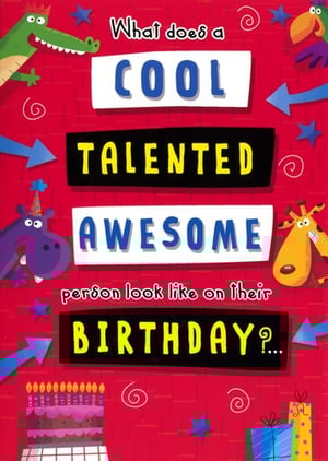 Bring a smile to someone's special day with this fantastic Open Humorous birthday card from Simon Elvin. Featuring a vibrant red background, playful cartoon animals like a crocodile, hippo, and giraffe, and fun birthday motifs, this card is sure to stand out. The witty message, "What does a COOL TALENTED AWESOME person look like on their BIRTHDAY?...", adds a delightful touch of humour. Perfect for celebrating any birthday, this card is designed to bring joy and laughter. Available in a convenient pack of 6, it's an excellent addition to any card display.