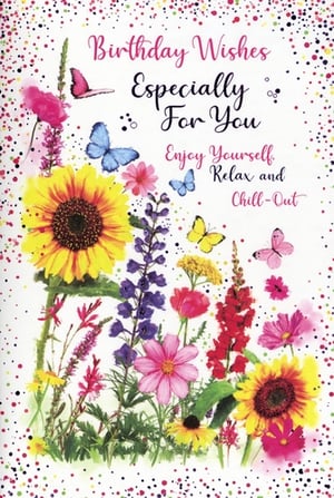 Brighten someone's special day with this enchanting 'Open Birthday Female' card from Simon Elvin. Adorned with a vibrant medley of sunflowers, colourful wildflowers, and delicate butterflies, this design radiates joy and natural beauty. The uplifting message inside, 'Birthday Wishes Especially For You, Enjoy Yourself, Relax and Chill-Out,' offers a truly warm sentiment. Perfect for any female recipient, this card is sure to bring a smile. Stock up with our convenient pack of 6 and add a touch of floral charm to your greeting card selection.