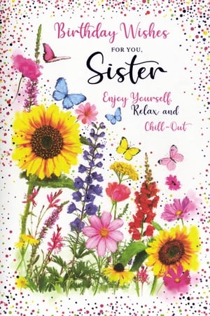 Delight your customers with this charming 'Sister' birthday card from Simon Elvin. Featuring a beautiful, vibrant design, this card is sure to bring a smile to any sister's special day. The cheerful illustration showcases a stunning array of colourful wildflowers, including bright sunflowers, delicate bluebells, and pretty pink blossoms, all adorned with graceful butterflies.
The heartfelt message reads: 'Birthday Wishes FOR YOU, Sister. Enjoy Yourself, Relax and Chill-Out.' Perfect for conveying warm wishes, this card offers a lovely blend of natural beauty and affectionate sentiment. Supplied in a convenient pack of 6, it's an ideal addition to any greeting card display, ensuring you're well-stocked with popular choices for your customers.