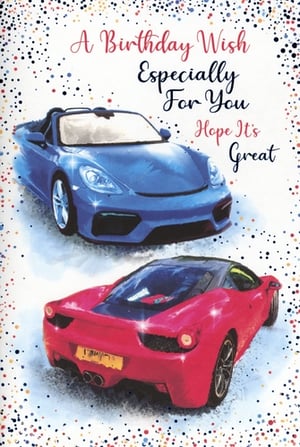 Offer your customers a winning choice with this exciting 'Open Birthday Male' card from Simon Elvin. Perfect for car enthusiasts, this vibrant design showcases two impressive sports cars – a sleek blue convertible and a dynamic red coupe – against a fun, confetti-sprinkled background. The warm message, 'A Birthday Wish Especially For You Hope It's Great', makes it a versatile option for any male's birthday. Stock up easily with our convenient pack of 6, ensuring you're always ready for those special celebrations. A surefire hit for any card display!