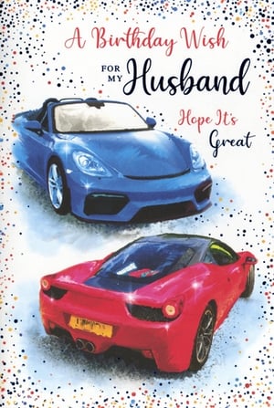 Make his birthday extra special with this dynamic 'Husband' birthday card from Simon Elvin. Featuring two stunning sports cars – a sleek blue convertible and a vibrant red coupe – this card is sure to impress any car enthusiast. The eye-catching design is complemented by a warm message: 'A Birthday Wish FOR MY Husband Hope It's Great', all set against a fun, confetti-sprinkled background. This high-quality card offers a modern and exciting way to celebrate. Available in a convenient pack size of 1x6, it's a fantastic addition to your retail offering, ready to delight customers looking for that perfect card for their husband.
