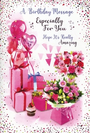 Make her birthday truly special with this gorgeous 'Open Birthday Female' card from Simon Elvin. Adorned with a vibrant display of pink balloons, including a charming heart-shaped one, and beautifully wrapped gifts, this card is a celebration in itself. Two stunning bouquets of fresh flowers and a delightful cupcake add extra charm, all set against a backdrop of festive confetti and bunting. The warm message, 'A Birthday Message Especially For You, Hope It's Really Amazing,' is perfect for any female recipient. Available in a convenient pack of 6, it's an ideal choice for your retail collection.