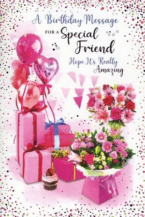 Make a special friend's birthday truly amazing with this vibrant card from Simon Elvin. Designed specifically for a female friend, this delightful card bursts with celebratory charm. It features a beautiful array of pink balloons, elegantly wrapped gifts, and stunning bouquets of flowers, all set against a backdrop of festive confetti. The heartfelt message, "A Birthday Message FOR A Special Friend Hope It's Really Amazing," perfectly conveys warm wishes. Supplied in a convenient pack of 6, this eye-catching card is a wonderful addition to any retail display, ready to bring joy to customers looking for that perfect birthday greeting.