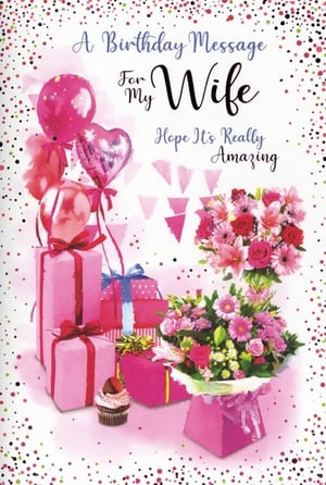Make her birthday truly special with this gorgeous 'Wife' birthday card from Simon Elvin. This vibrant design is bursting with celebratory charm, featuring an abundance of pink balloons, including a lovely heart-shaped foil, alongside beautifully wrapped gifts and a tempting cupcake. A stunning display of fresh flowers, from elegant lilies to cheerful roses and gerberas, adds a touch of luxury. The heartfelt message, 'A Birthday Message For My Wife, Hope It's Really Amazing', perfectly expresses your love. Supplied in a convenient 1x6 pack, this card is sure to bring a smile to her face. A wonderful choice for retailers looking to offer a truly special card.