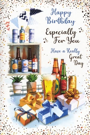 Celebrate in style with our "Open Birthday Male" card from Simon Elvin. This vibrant design is perfect for wishing any man a truly great day.
The card features a festive illustration packed with celebratory elements. An assortment of refreshing beers, both bottled and canned, along with a frothy pint, creates a relaxed, party atmosphere. Beautifully wrapped gifts and charming potted plants add to the cheerful scene, all set against a playful confetti background and decorative bunting.
With its warm message, "Happy Birthday Especially For You, Have a Really Great Day," this card is sure to bring a smile. Available in a convenient pack of 6, it's an excellent addition to your greeting card selection, appealing to customers looking for a modern and fun male birthday option.