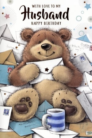 Make his birthday extra special with this delightful 'Husband' birthday card from Simon Elvin. This charming design features a cuddly brown teddy bear, beaming with happiness as he holds a special letter, surrounded by a heartwarming pile of mail. The sweet illustration, complete with a cosy mug, perfectly conveys warmth and affection. With the loving message 'With Love to My Husband Happy Birthday', it's an ideal choice for customers looking to show their appreciation. Available in a convenient pack of 6, this card is sure to be a popular pick for retailers.