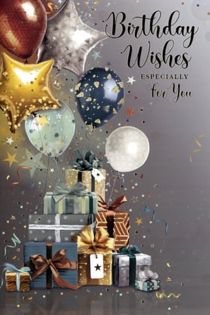 This exquisite "Open Birthday Male" card from Simon Elvin is designed to make any birthday truly special. Adorned with a luxurious array of balloons in metallic gold, silver, and deep blue, alongside a grand display of elegantly wrapped presents, it captures the joy of celebration. Scattered confetti and delicate streamers add a festive sparkle to the sophisticated grey backdrop. Featuring the warm sentiment "Birthday Wishes Especially For You," this card is a perfect choice for sending your regards to a special man. Stock up with this convenient pack of 6.