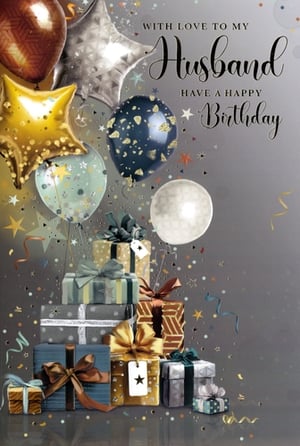 Help your customers celebrate their wonderful husbands with this truly special birthday card from Simon Elvin. This elegant design features a sophisticated array of balloons and beautifully wrapped gifts, all set against a stylish grey backdrop with shimmering confetti. The heartfelt message, 'WITH LOVE TO MY Husband HAVE A HAPPY Birthday', is presented in a charming script, making it perfect for expressing affection. With its premium feel and contemporary colour palette of golds, blues, and silvers, this card is sure to stand out. Available in a convenient wholesale pack of 6, it’s an ideal choice for retailers looking to offer a high-quality, memorable option for that important birthday celebration.