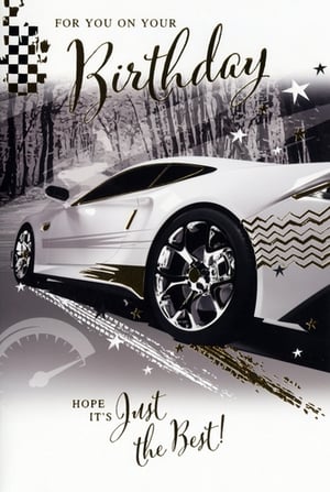 Introduce a touch of high-octane style to your card range with this brilliant "Open Birthday Male" design from Simon Elvin. This striking card features a sleek white sports car, set against a dynamic monochrome road scene, perfect for any car enthusiast or someone who appreciates modern design. Elegant gold foil accents highlight the "Birthday" message, a classic checkered flag, and stylish details on the car itself, including a cool zig-zag pattern. Scattered stars and a speedometer graphic add to the celebratory, fast-paced feel. The heartfelt message "HOPE IT'S Just the Best!" completes this contemporary design. Stock up with this fantastic card, available in a convenient pack of 6, and offer your customers the perfect way to send their best wishes.