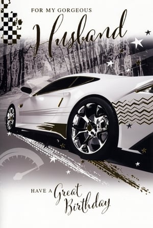 Celebrate his special day with this striking 'Husband' birthday card from Simon Elvin. Featuring a sleek white sports car against a stylish monochrome background, this card is perfect for the car enthusiast in your life. Dynamic gold accents, shimmering stars, and classic racing motifs like a checkered flag and tire tracks add a touch of excitement. The heartfelt message 'FOR MY GORGEOUS Husband' and 'HAVE A Great Birthday' makes it a wonderful choice. Stock up on this popular design, available in convenient packs of 6.