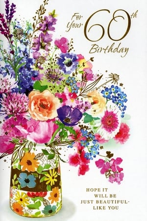 Mark a special 60th birthday with this exquisite card from Simon Elvin. Adorned with a vibrant watercolour bouquet, it showcases a delightful array of purples, pinks, oranges, and blues, all artfully arranged in a charming decorative vase. The elegant design is complemented by the warm message, "Hope it will be just beautiful - like you," making it perfect for celebrating a wonderful woman's milestone. This thoughtful card offers a beautiful way to convey birthday wishes. Available in a convenient pack of 6, it's an ideal addition to your greeting card range.