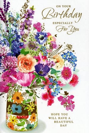 Brighten someone's special day with this exquisite 'Open Birthday Female' card from Simon Elvin. Featuring a stunning watercolour bouquet bursting with vibrant colours like purples, pinks, blues, and oranges, it's sure to bring a smile. The charming, patterned vase adds an extra touch of artistry. With warm wishes of "On Your Birthday Especially For You" and "Hope You Will Have A Beautiful Day", this card is perfect for any female recipient. Available in convenient packs of 6, it's a delightful addition to your greeting card selection.