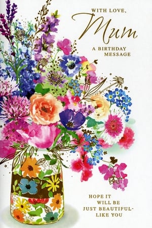 Make Mum's birthday extra special with this beautiful card from Simon Elvin. Featuring a breathtaking watercolour bouquet, this card showcases a vibrant array of flowers in a charming, patterned vase. The elegant design is perfectly complemented by a loving message: "WITH LOVE, Mum, A BIRTHDAY MESSAGE, HOPE IT WILL BE JUST BEAUTIFUL - LIKE YOU." It's the ideal way to express your affection and appreciation. Each wholesale pack contains 6 of these delightful cards, ensuring you're always ready to celebrate the wonderful Mums in your life. A truly heartfelt choice for her special day.