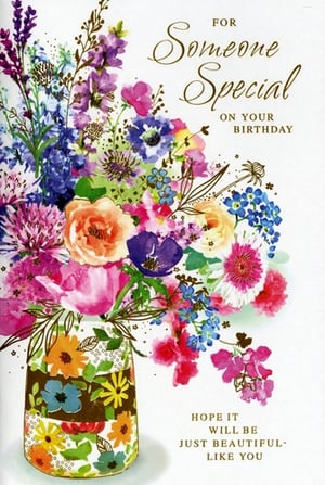 Make her birthday extra special with this beautiful 'Someone Special Female' card. Featuring a stunning watercolour bouquet, bursting with vibrant blooms in shades of purple, pink, orange, and blue, it's a true visual delight. The elegant design is complemented by a heartfelt message: 'For Someone Special On Your Birthday, Hope it will be just beautiful - like you'. Perfect for celebrating a wonderful woman, this card offers a warm and personal touch. Supplied by Simon Elvin, each pack contains 6 cards, ready to add a touch of floral charm to your collection.