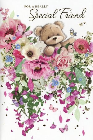 Show a truly special friend how much they mean with this delightful greeting card from Simon Elvin. Featuring an adorable teddy bear peeking out from a vibrant display of pink and purple flowers, complete with delicate butterflies and a charming blue tit, this design is bursting with warmth. The heartfelt message "FOR A REALLY Special Friend" makes it perfect for birthdays, thank yous, or simply to brighten someone's day. Offer your customers a beautiful way to connect with their loved ones. Available in a convenient pack of 6.