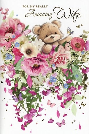 Offer your customers a truly lovely way to celebrate their wives with this charming greeting card from Simon Elvin. The design features a sweet teddy bear peeking from a vibrant display of pink and purple flowers, adorned with delicate butterflies and a little blue tit. The elegant message, "FOR MY REALLY Amazing Wife," makes it perfect for expressing affection. Ideal for birthdays, anniversaries, or simply to show appreciation, this card is designed to make her feel special. Stock up with this convenient pack of 6, a delightful choice for any occasion.