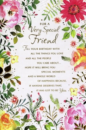 Celebrate those cherished friendships with this beautiful 'Very Special Friend' birthday card from Simon Elvin. Adorned with a vibrant watercolour floral design featuring stunning pinks, reds, and yellows, complemented by lush green foliage and delicate gold accents, this card is sure to brighten any friend's special day. The heartfelt message inside wishes them a birthday filled with love, special moments, and a whole world of happiness – because they truly deserve it! Perfect for a female friend, this lovely card comes in a convenient pack of 6, ready to stock your shelves and delight your customers.