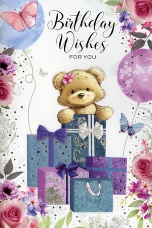 Share warm birthday wishes with this charming card from Simon Elvin. Our "Open Birthday Female" design features a sweet teddy bear peeking from behind a collection of beautifully wrapped presents. The card is adorned with delicate butterflies, soft floral details, and celebratory balloons in a gentle mix of pink, purple, and blue tones. It offers a lovely way to mark a special occasion. Perfect for female recipients, these cards come in a handy pack of 6, ready to add a touch of warmth to any birthday celebration.