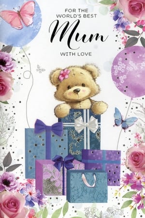Show Mum just how much she means with this delightful greeting card from Simon Elvin. Featuring the heartwarming message 'FOR THE WORLD'S BEST Mum WITH LOVE', this design is sure to bring a smile. A charming teddy bear peeks out from a stack of beautifully wrapped gifts in shades of blue and purple, surrounded by elegant pink and lilac flowers, graceful butterflies, and celebratory balloons. It's a truly special card, perfect for Mother's Day, her birthday, or simply to show your appreciation. Each pack contains 6 cards, ideal for retailers looking to offer a thoughtful and visually appealing option for their customers.