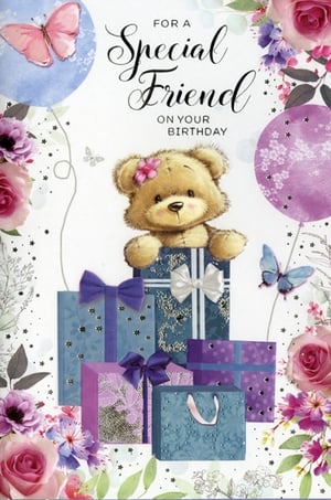 Celebrate a special friend's birthday with this charming card from Simon Elvin. An adorable teddy bear, adorned with a sweet pink flower, peeks out from a delightful array of beautifully wrapped gifts in shades of blue and purple. The design is elegantly framed with vibrant pink and purple flowers, delicate butterflies, and celebratory balloons, all contributing to a warm and inviting feel. Featuring the heartfelt message "FOR A Special Friend ON YOUR BIRTHDAY", this 'Friend Female' card is perfect for conveying warm wishes and making any birthday feel extra special. A truly lovely option for your customers.