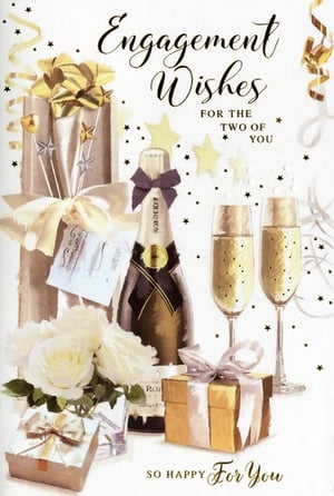 Congratulate the happy couple with our exquisite Engagement card, designed to capture the magic of their special announcement. This beautiful card features a luxurious scene with a celebratory bottle of champagne, two sparkling flutes, and elegant white roses. Golden gift boxes and shimmering stars add a touch of glamour, perfectly conveying "Engagement Wishes FOR THE TWO OF YOU." With its heartfelt message "SO HAPPY For You," this card is the perfect way to share in their joy and celebrate their journey together. A truly memorable keepsake for a truly memorable occasion.