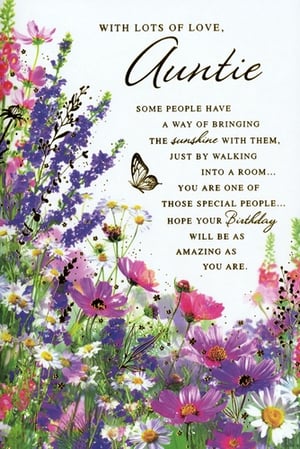 Celebrate a wonderful Auntie with this beautiful birthday card from Simon Elvin. Adorned with a vibrant array of colourful flowers, including delicate cosmos and cheerful daisies, and accented with a charming butterfly, this card is sure to bring a smile. The design features lovely glitter details, adding a touch of sparkle.
Inside, a warm message expresses appreciation for those special people who bring sunshine into every room, wishing them an amazing birthday. Perfect for showing your Auntie just how much she means to you. Available in a convenient pack of 6, making it ideal for retailers.