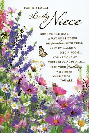 Celebrate your wonderful niece with this beautiful birthday card from Simon Elvin. Adorned with a delightful array of colourful wildflowers and a charming butterfly, the card's heartfelt message truly captures her special spirit. The inside reads: "FOR A REALLY Lovely Niece. SOME PEOPLE HAVE A WAY OF BRINGING THE sunshine WITH THEM, JUST BY WALKING INTO A ROOM... YOU ARE ONE OF THOSE SPECIAL PEOPLE... HOPE YOUR Birthday WILL BE AS AMAZING AS YOU ARE." This lovely card is perfect for showing your niece how much she means to you. Available in a convenient pack of 6, it's ideal for retailers looking to stock up on thoughtful birthday greetings.