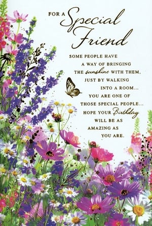 Celebrate a truly special female friend with this exquisite birthday card. Adorned with a vibrant meadow of wildflowers, including cheerful daisies, colourful cosmos, and delicate lavender, this card is a visual delight. Subtle sparkling accents and a charming butterfly add an extra touch of magic. The heartfelt message inside beautifully expresses appreciation for a friend who brings sunshine into every room, wishing them a birthday as amazing as they are. It's the perfect way to honour that wonderful woman in your life. From Simon Elvin, this card ensures your thoughtful sentiments shine through.