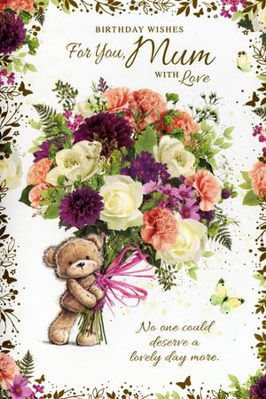 Celebrate Mum's special day with this absolutely charming birthday card from Simon Elvin. Featuring a delightful teddy bear lovingly presenting a stunning bouquet of vibrant flowers, this card is bursting with warmth and affection. The beautiful arrangement of roses, carnations, and dahlias in soft creams, peaches, and rich purples, framed by elegant foliage and delicate butterflies, creates a truly memorable design.
The heartfelt message, "BIRTHDAY WISHES For You, Mum WITH Love" and "No one could deserve a lovely day more," perfectly expresses deep appreciation. This gorgeous card is sure to make any Mum feel cherished. Stock up on these popular cards, available in a convenient pack of 6.