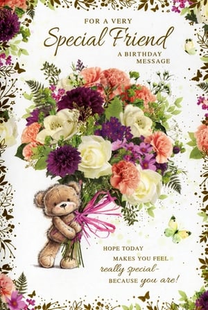 Celebrate a truly special friend's birthday with this enchanting card from Simon Elvin. It features a delightful design, showcasing a charming teddy bear lovingly holding a vibrant bouquet of cream, peach, and purple flowers, complete with delicate foliage and butterflies. The card conveys a warm sentiment: 'FOR A VERY Special Friend... HOPE TODAY MAKES YOU FEEL really special- BECAUSE you are!' This beautiful card is perfect for conveying warmth and appreciation. Stock up on this popular design, available in convenient packs of 6, ensuring your customers can find the perfect way to make their friends feel cherished.