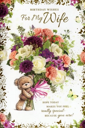 Celebrate your wonderful wife's special day with this exquisite birthday card from Simon Elvin. Adorned with a magnificent bouquet of vibrant flowers, including elegant roses, cheerful carnations, and rich dahlias, it's a true visual delight. A charming teddy bear lovingly presents the floral arrangement, tied with a pretty pink ribbon, adding an extra touch of sweetness. The heartfelt message, 'HOPE TODAY MAKES YOU FEEL really special- BECAUSE you are!', perfectly conveys your affection. Beautifully framed with delicate butterflies and foliage, this card is designed to make her feel cherished. Stock up on this popular design with our convenient pack of 6, perfect for your retail offering.